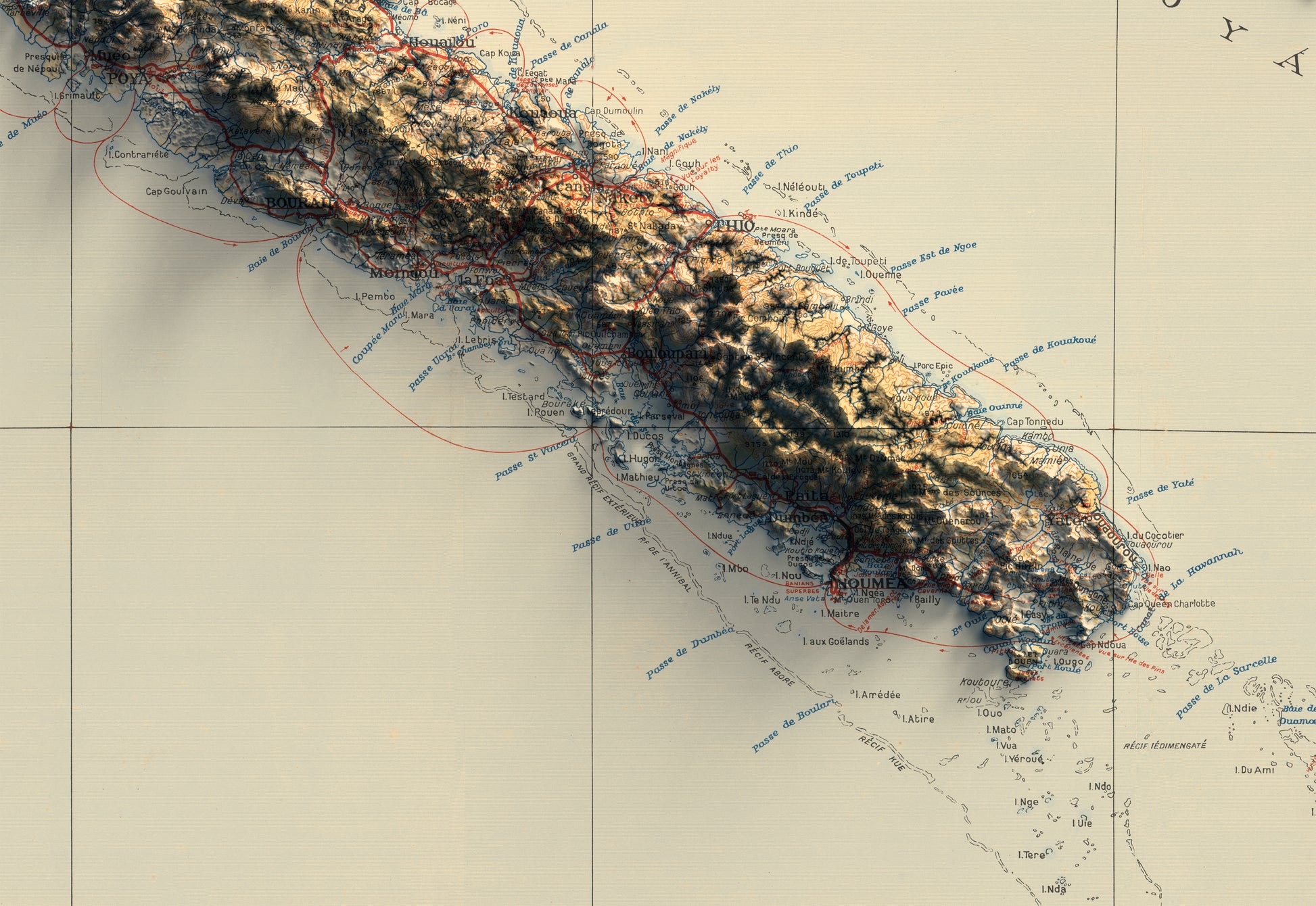 vintage shaded relief map of New Caledonia