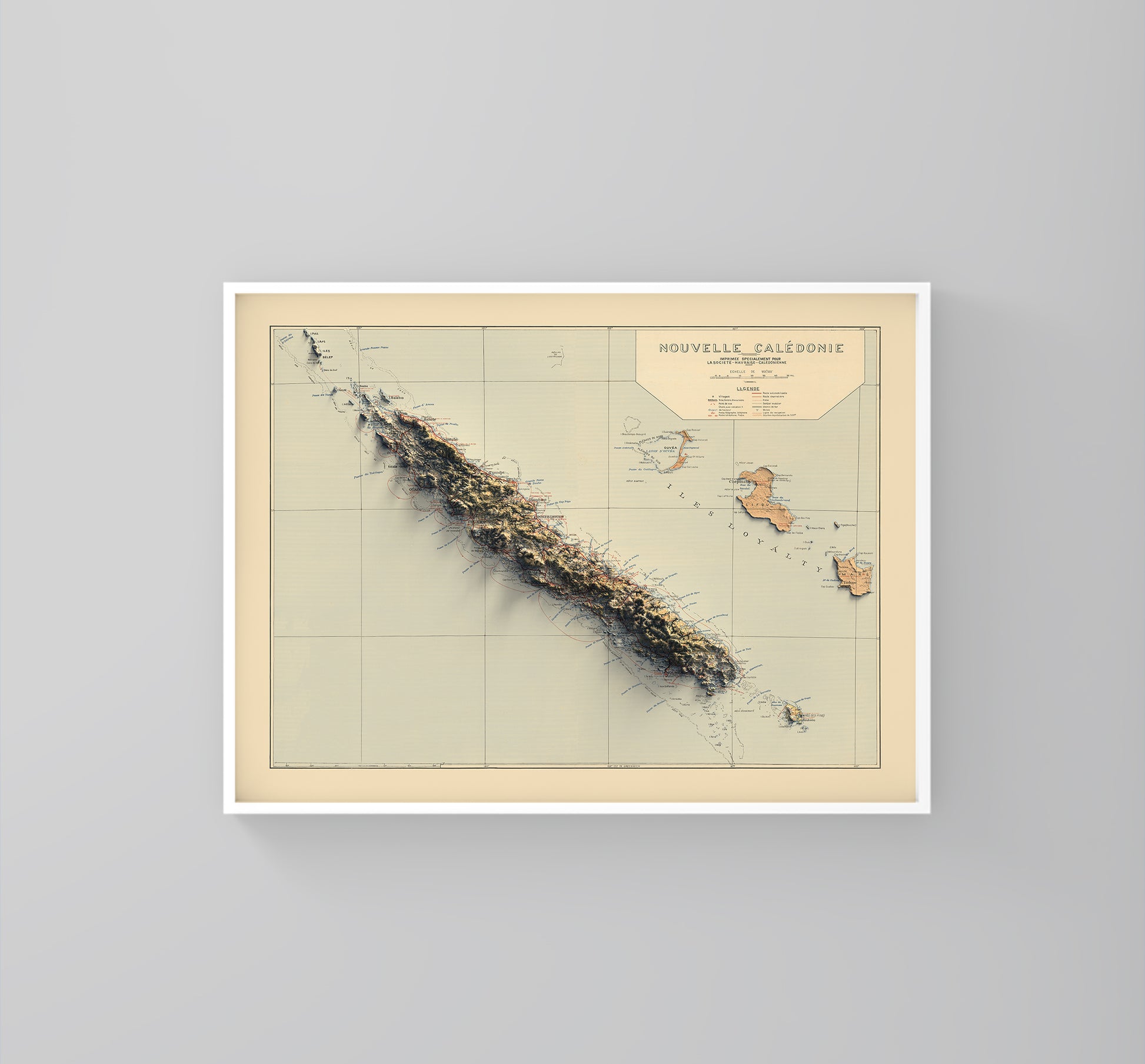 vintage shaded relief map of New Caledonia