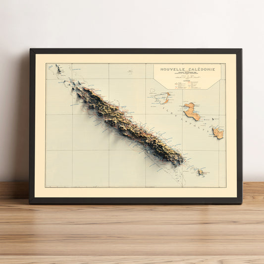 vintage shaded relief map of New Caledonia