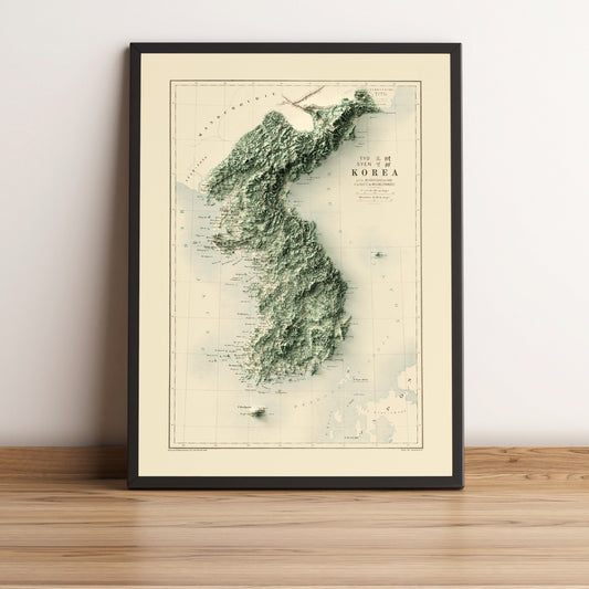 vintage shaded relief maps of North and South Koreas