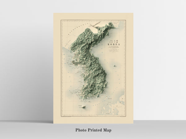 vintage shaded relief maps of North and South Koreas