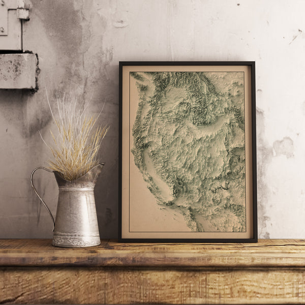 vintage shaded relief map of the western united states