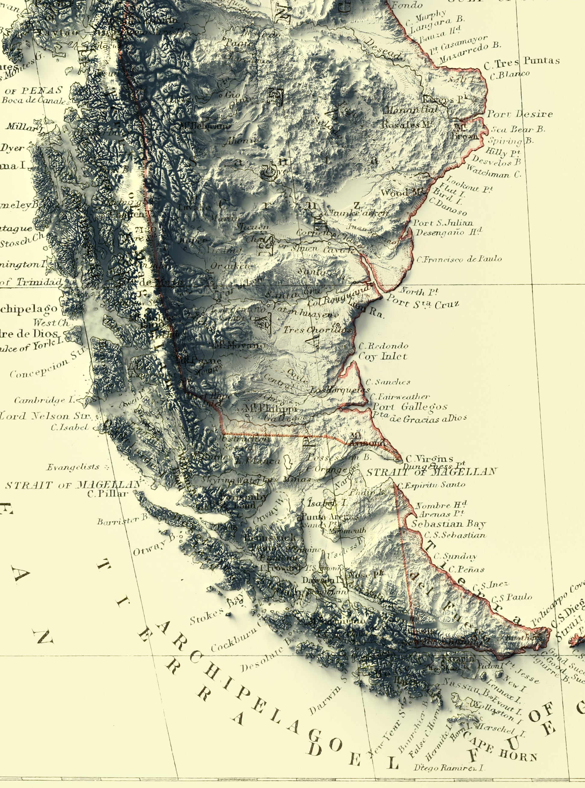 vintage shaded relief map of the Patagonia