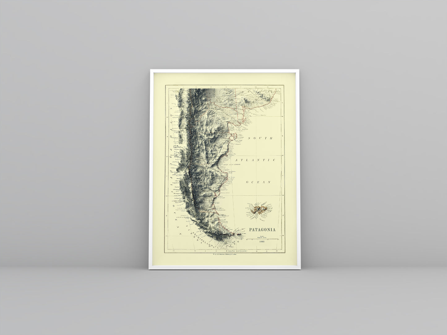 vintage shaded relief map of the Patagonia