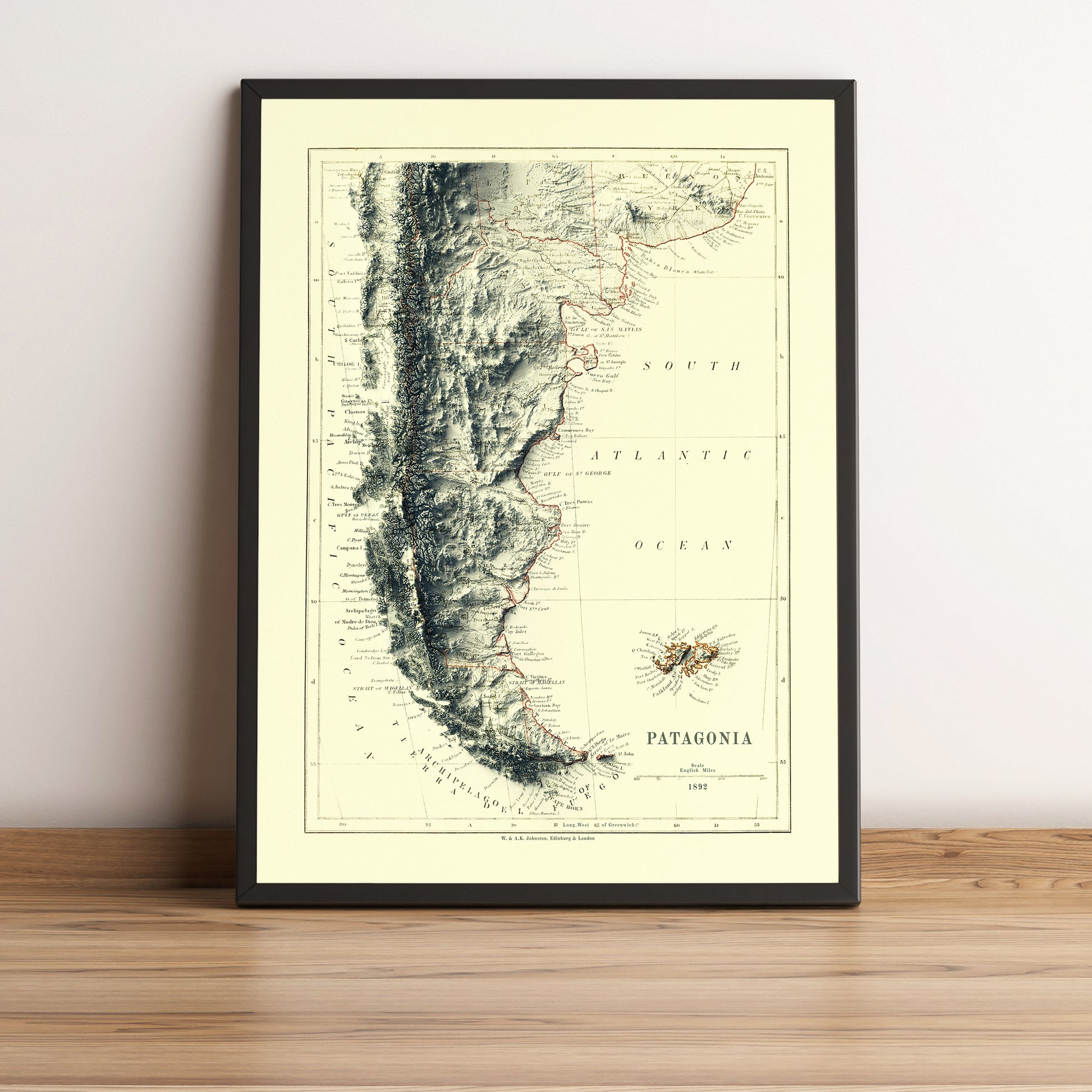 vintage shaded relief map of the Patagonia