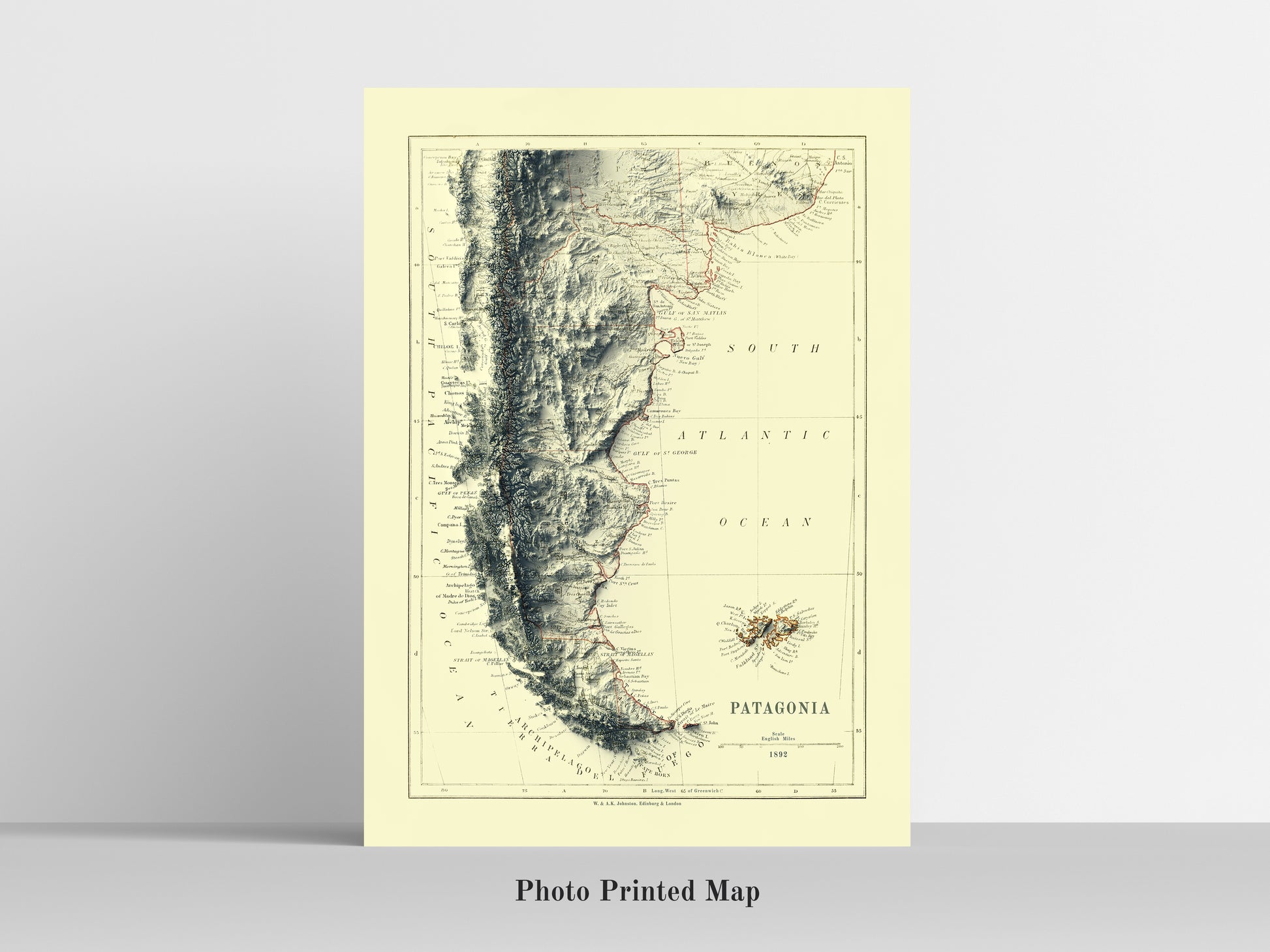 vintage shaded relief map of the Patagonia