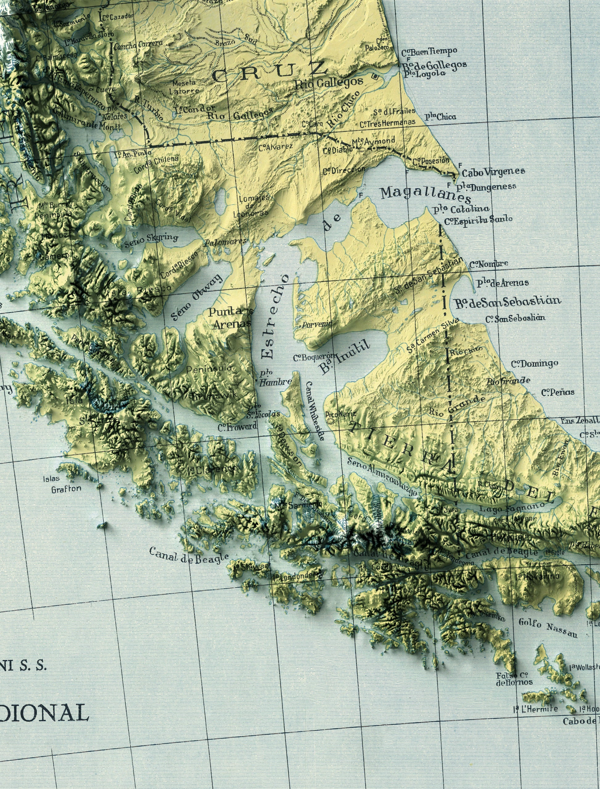 vintage shaded relief map of the Patagonia