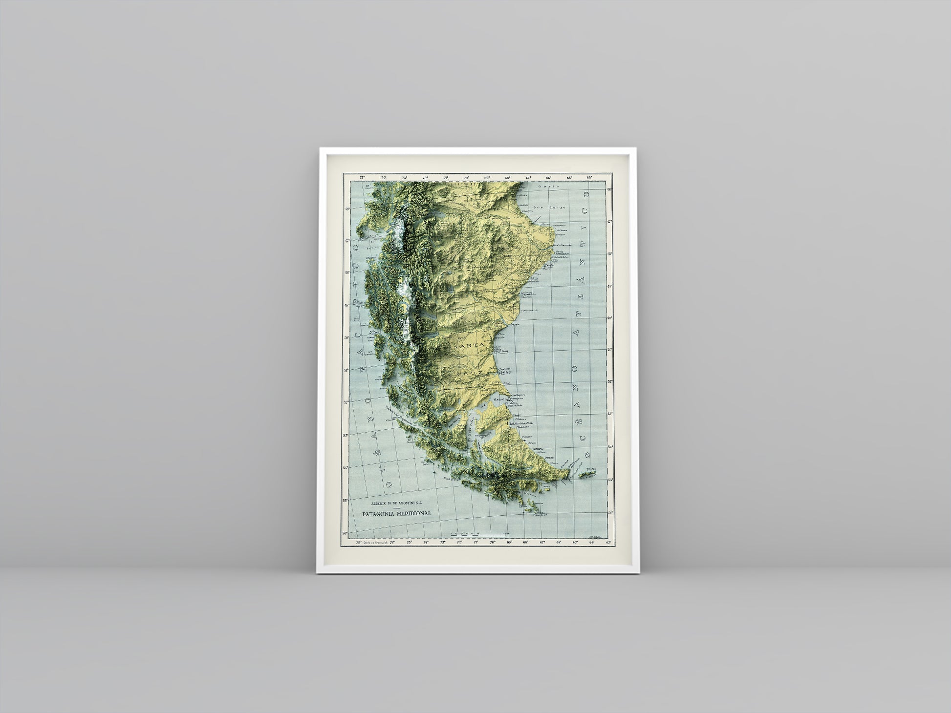 vintage shaded relief map of the Patagonia