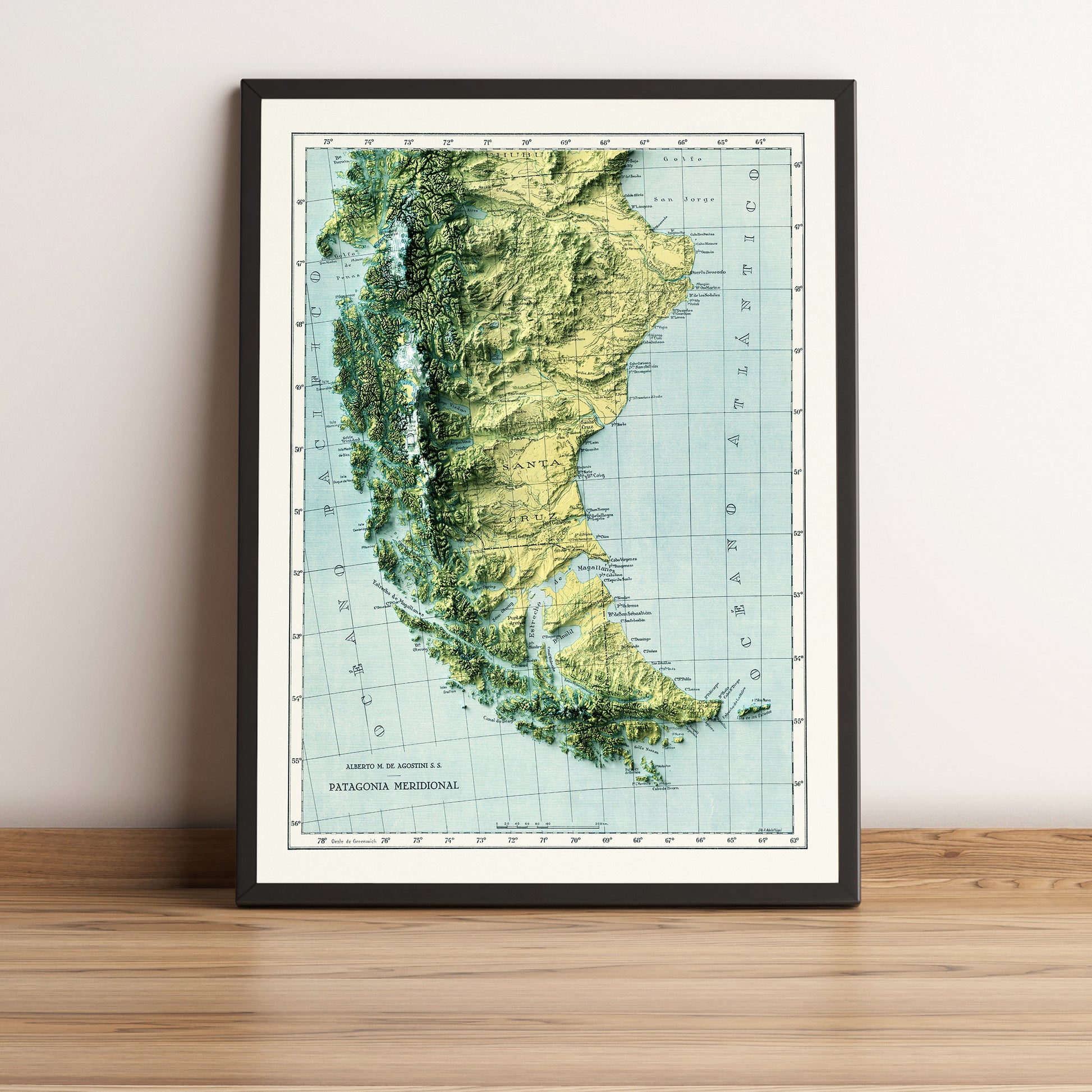 vintage shaded relief map of the Patagonia