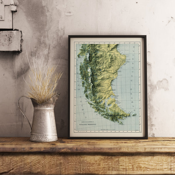 vintage shaded relief map of the Patagonia