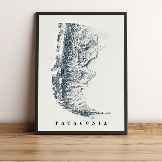 Patagonia framed shaded relief map in black frame. Artistic print highlighting mountains with a realistic terrain effect
