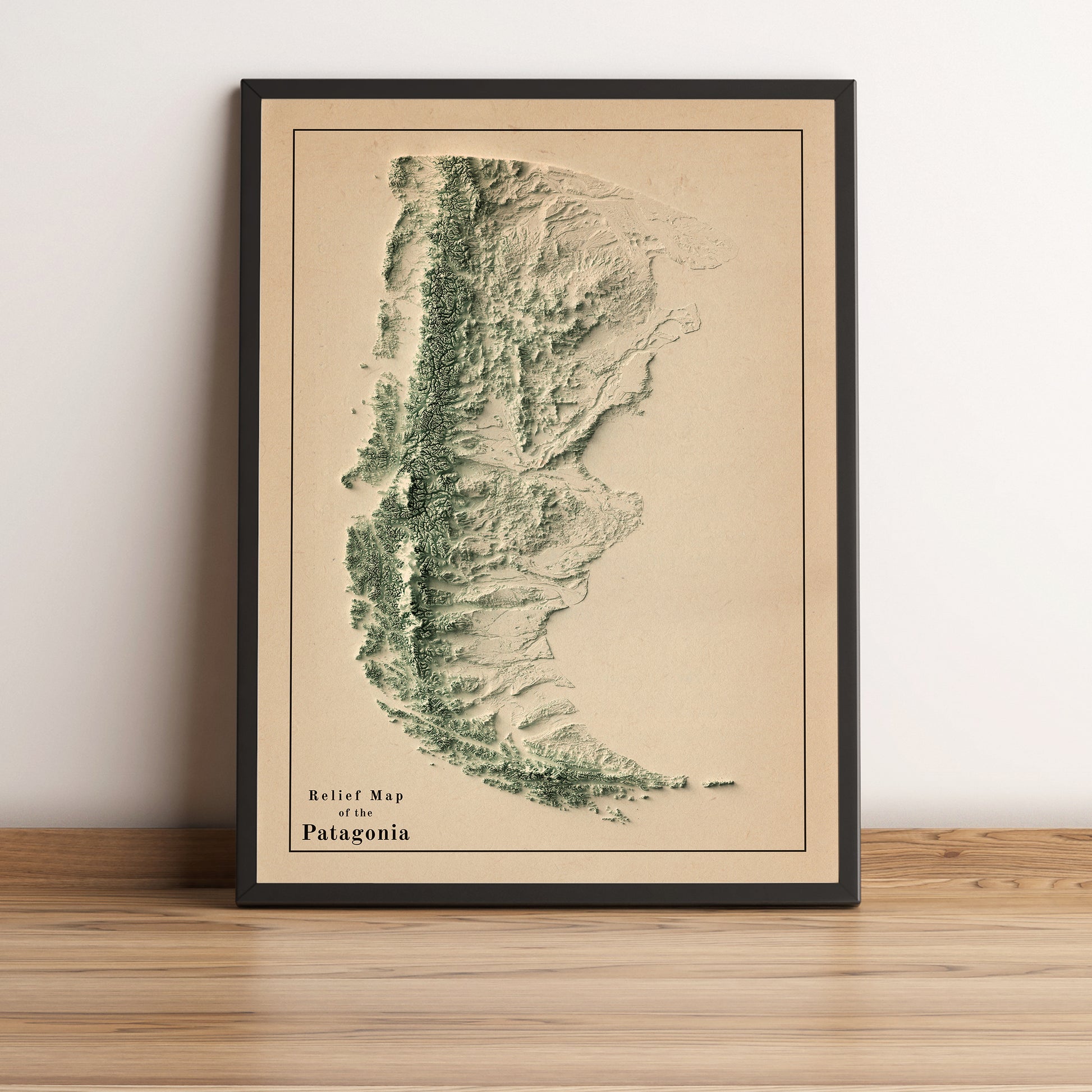 vintage shaded relief map of the Patagonia
