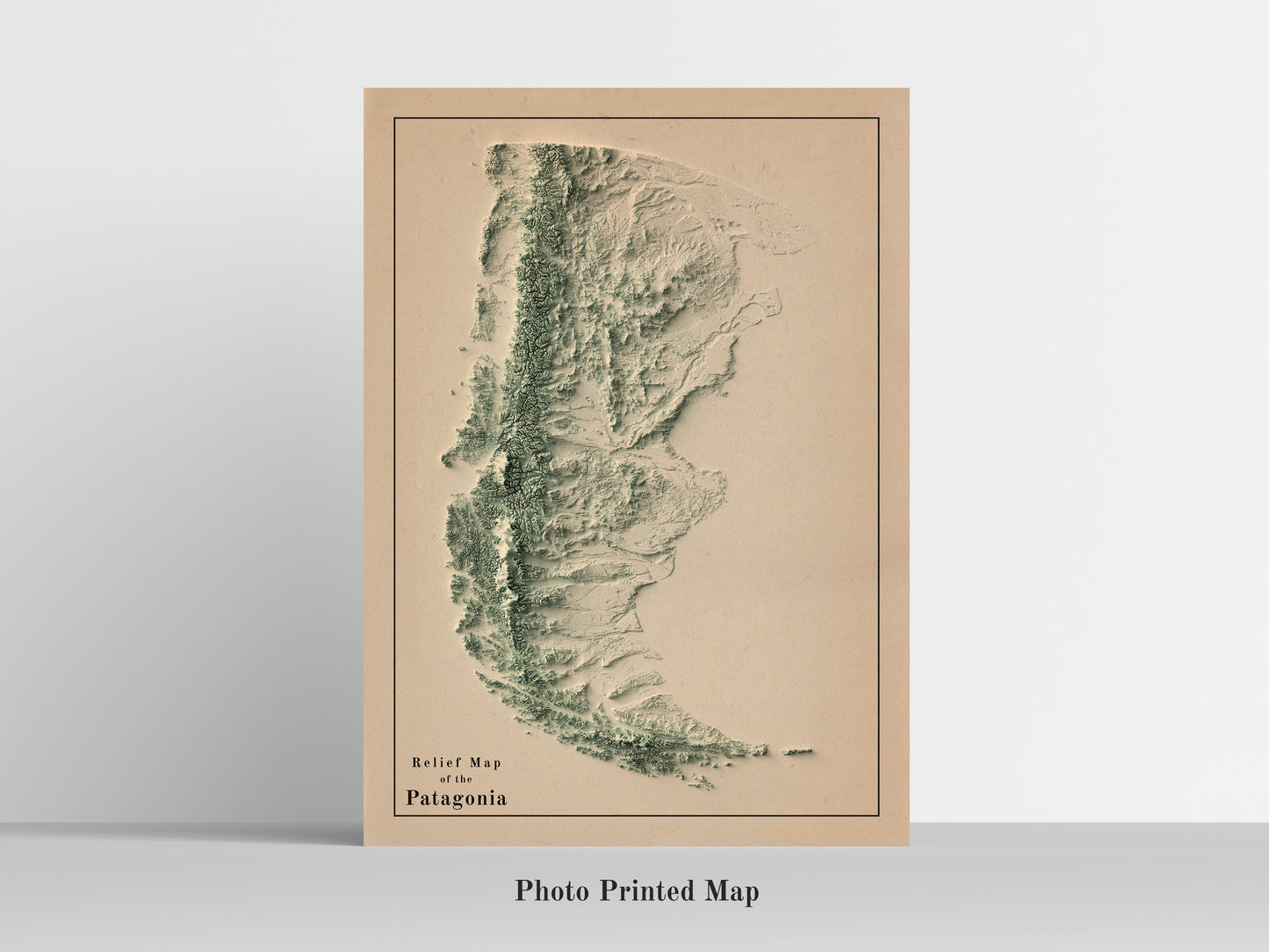 vintage shaded relief map of the Patagonia