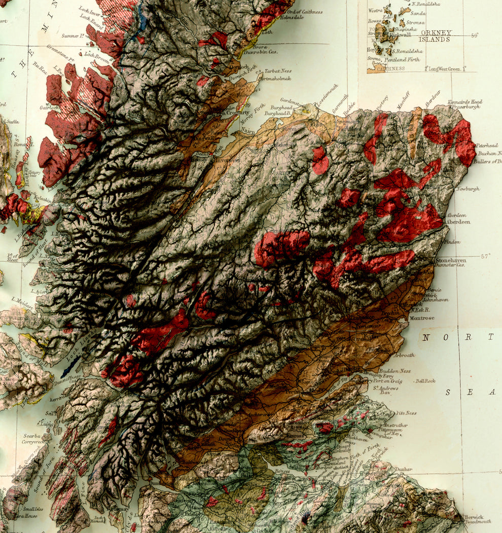 Scotland Geological Shaded Relief Map | Vintage Elevation Map Based on ...