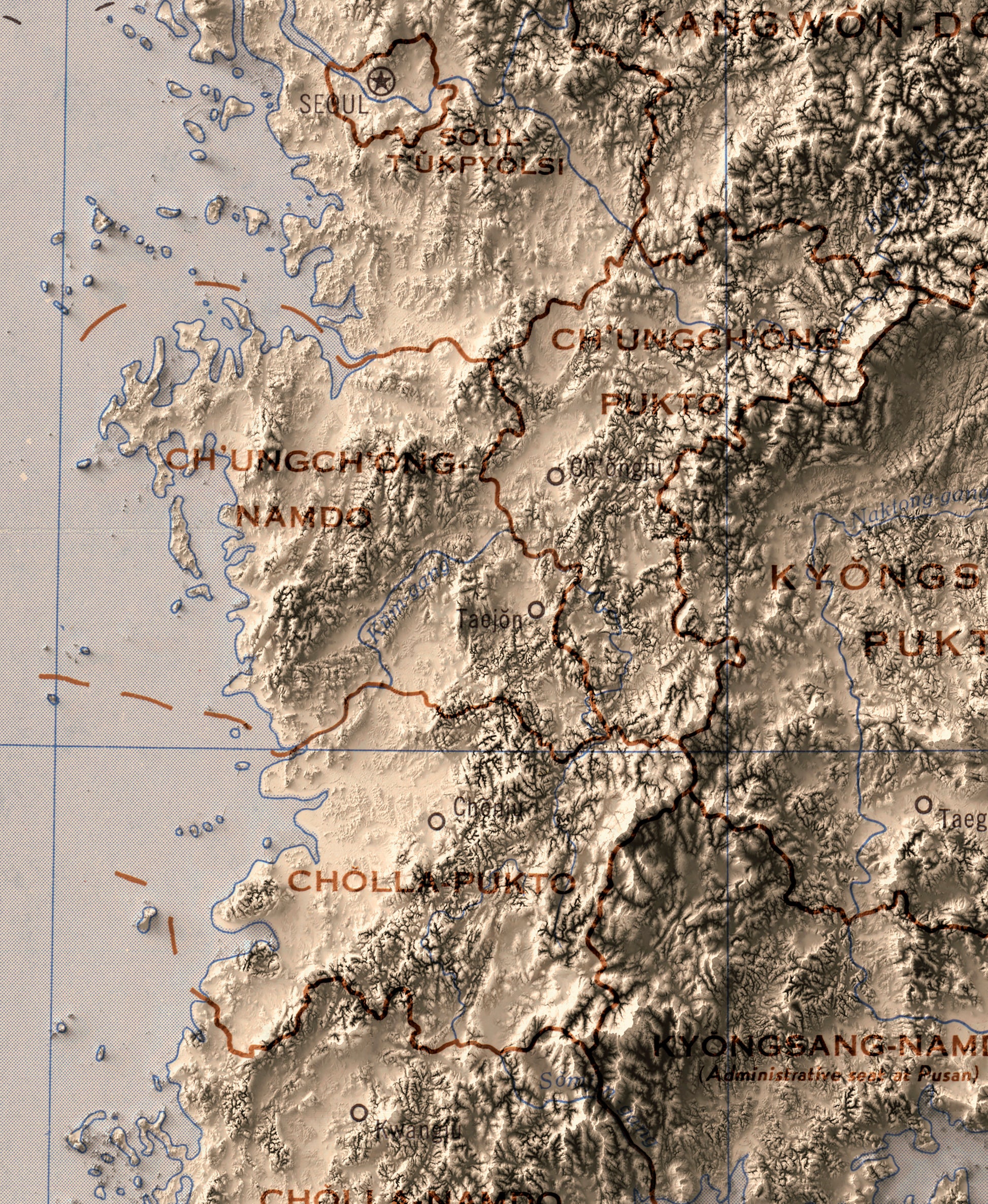 vintage shaded relief map of South Korea