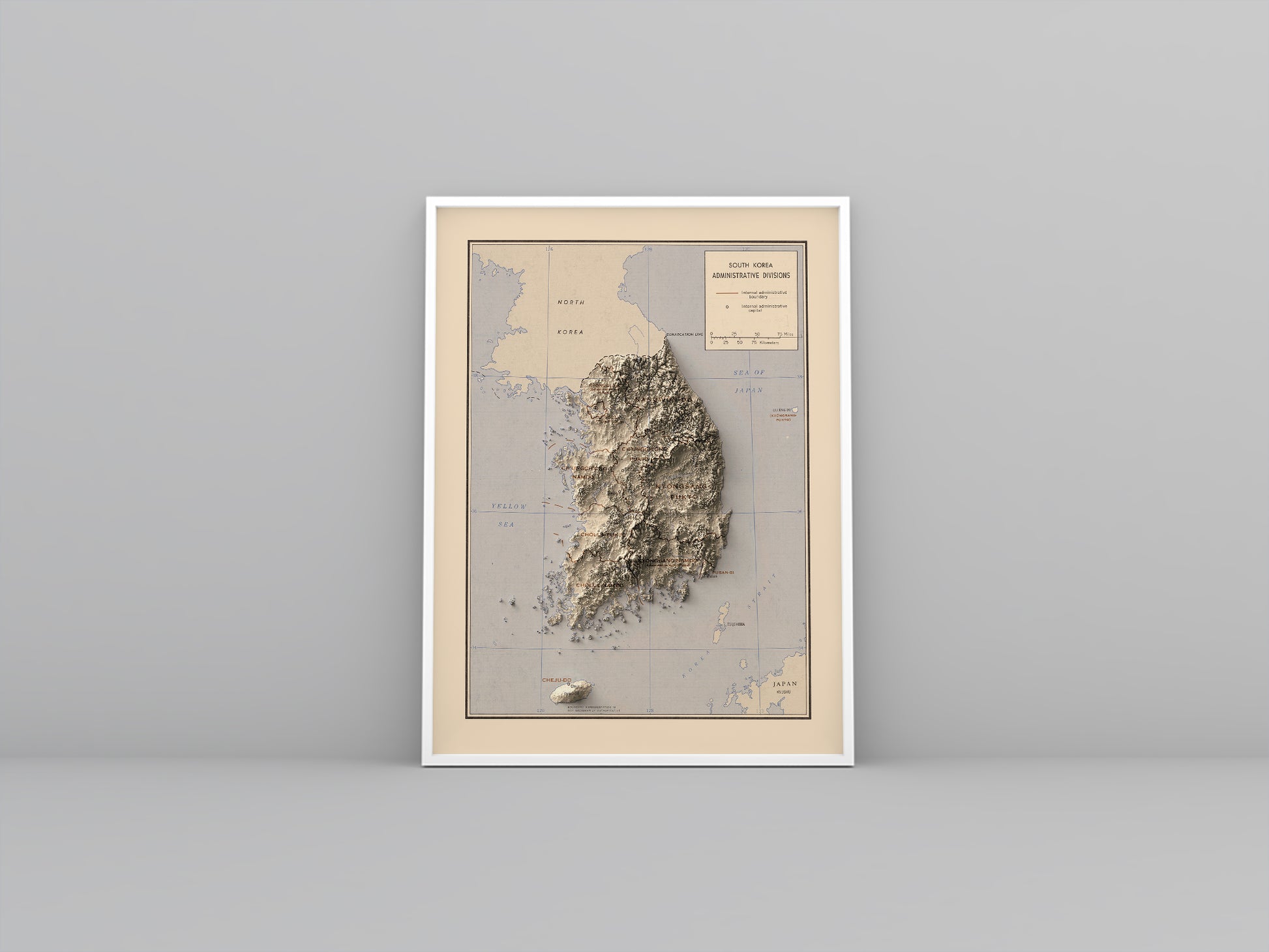 vintage shaded relief map of South Korea