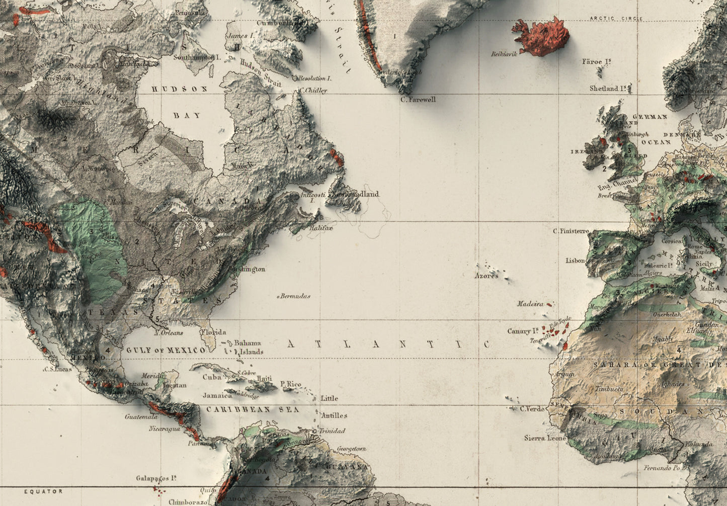 vintage world shaded relief map