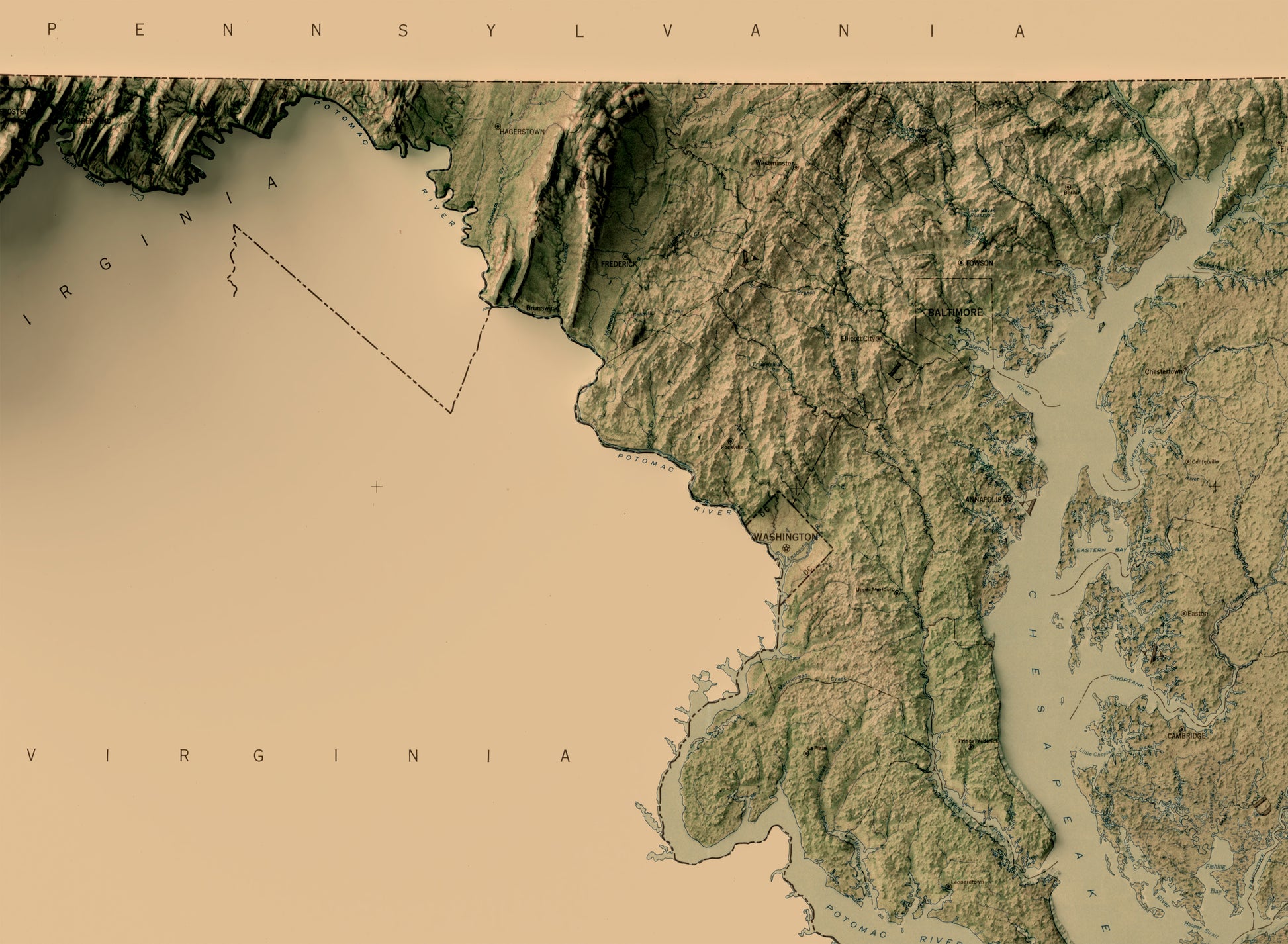  vintage shaded relief of Maryland