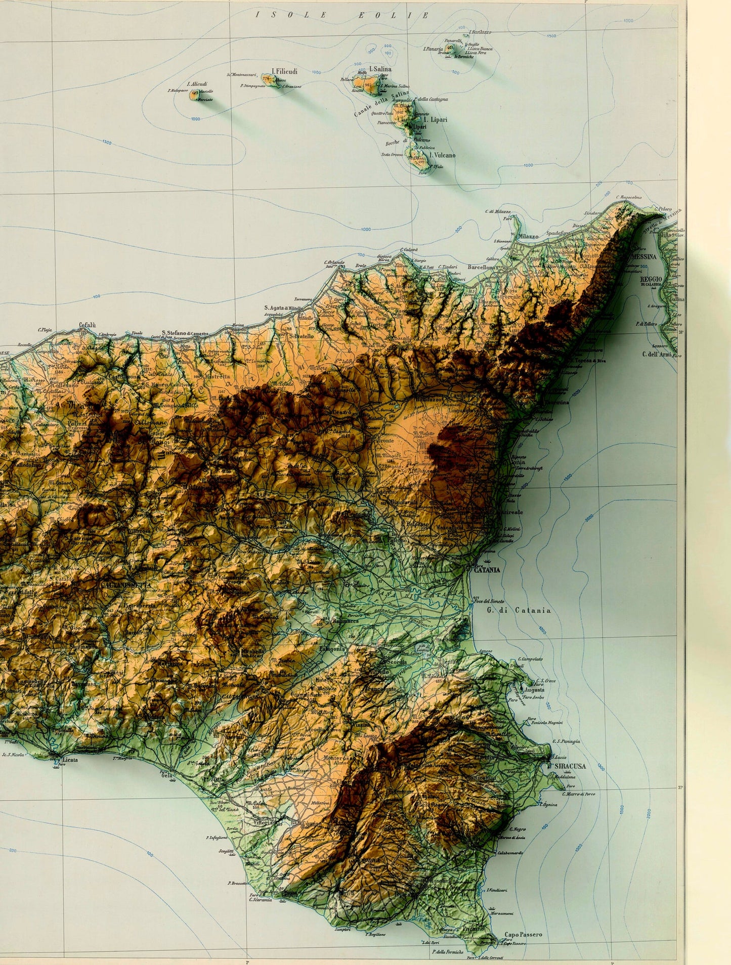 Sicily, Italy 2D Relief Map (1943)