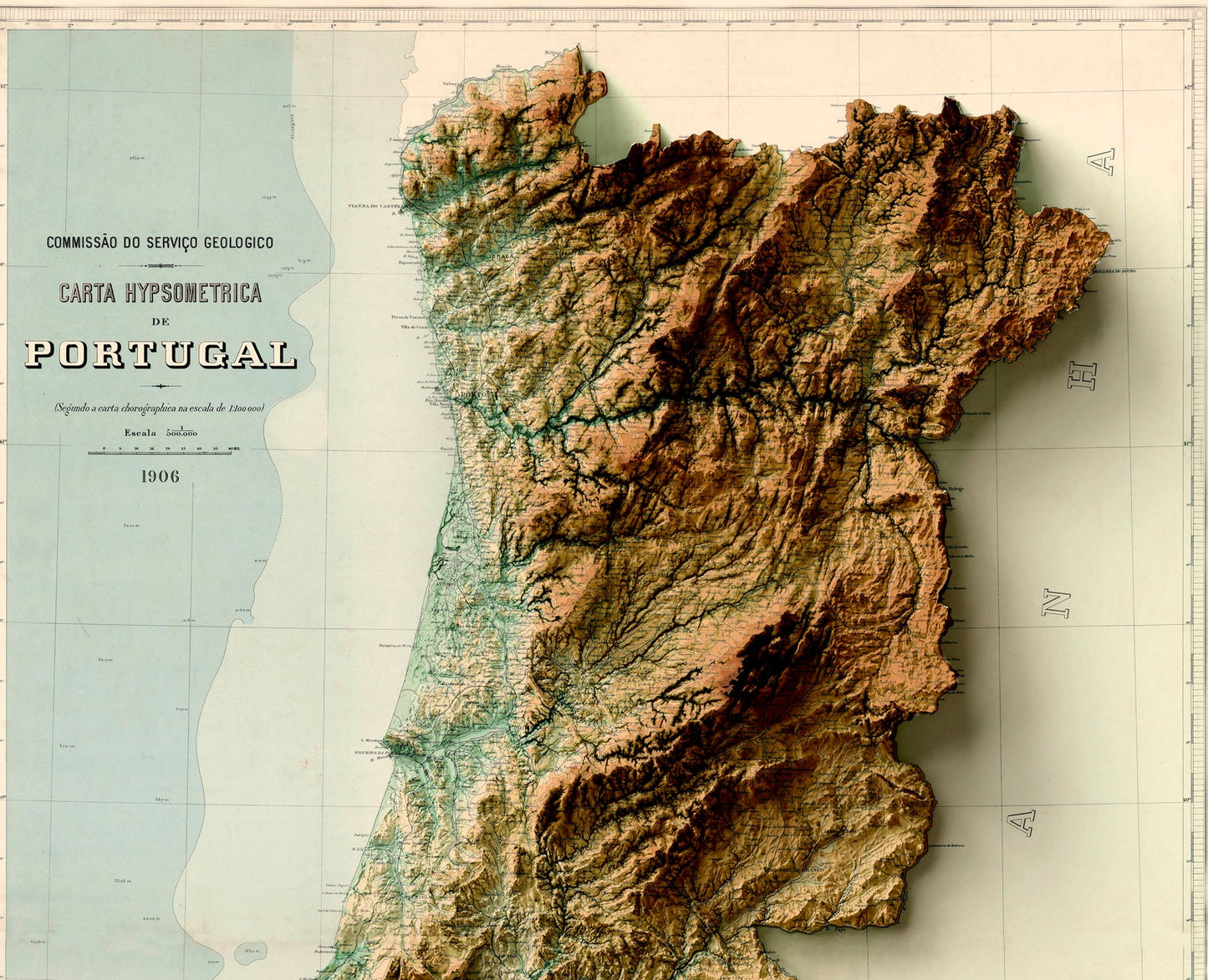 Image showing a vintage relief map of Portugal