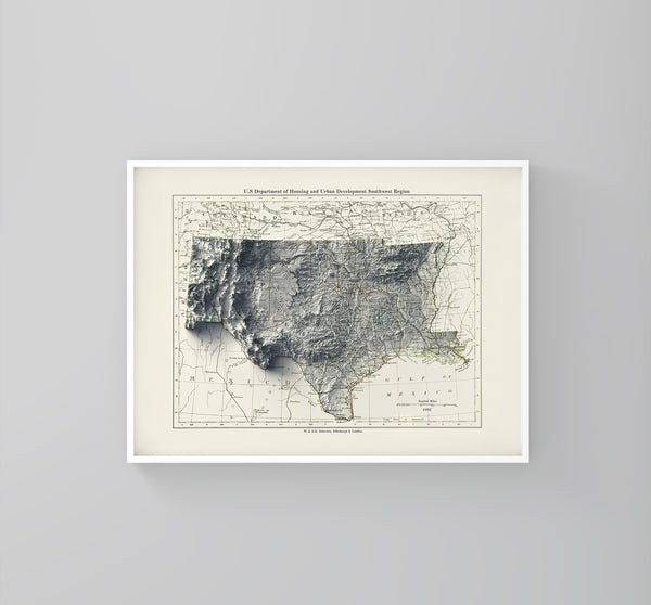 vintage shaded relief map of the south central USA, including the states of New Mexico, Texas, Oklahoma, Louisiana and Arkansas
