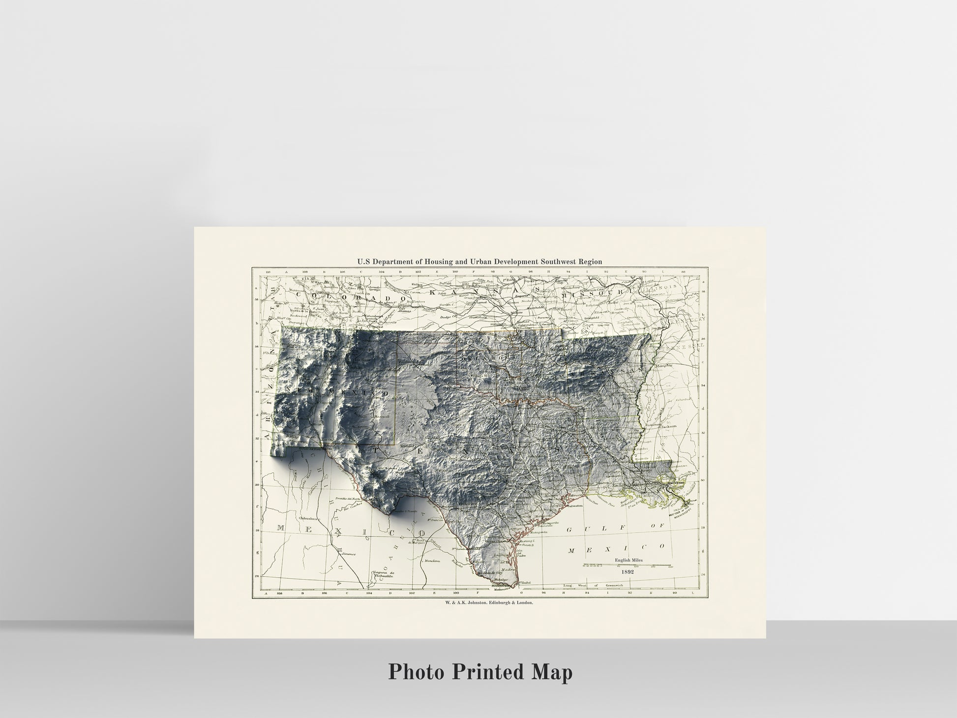 vintage shaded relief map of the south central USA, including the states of New Mexico, Texas, Oklahoma, Louisiana and Arkansas