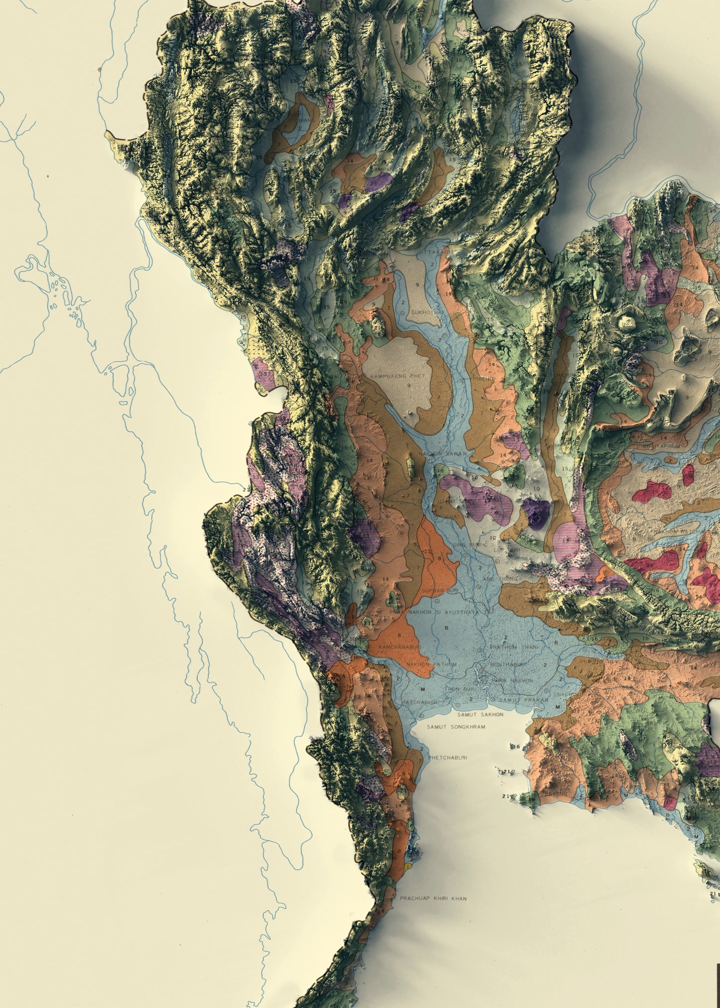 vintage shaded relief map of the thailand