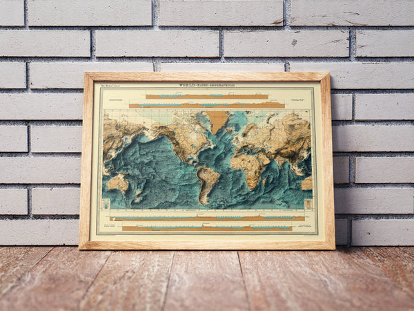 vintage shaded bathymetrical world relief map